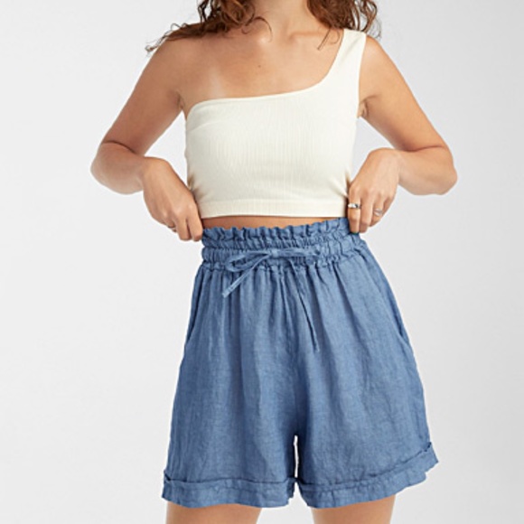Retro petrol blue high waist pure linen gathered shorts bermudas NWT - Picture 1 of 9